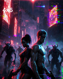 Neon Rain Apocalypse | Cyberpunk Couple with Guns | Demonic City Horde Fantasy Print | 2 Sizes
