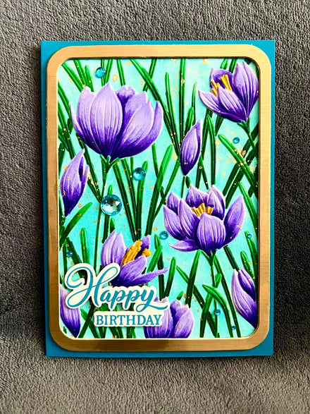 Embossed Purple Crocus Flowers Happy Birthday Card