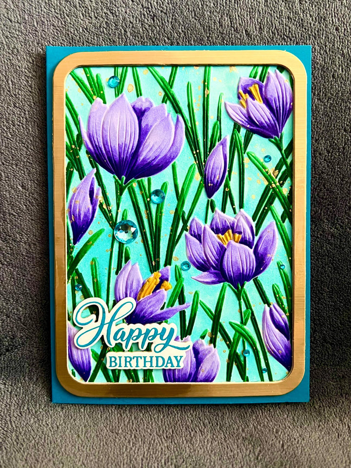 Embossed Purple Crocus Flowers Happy Birthday Card