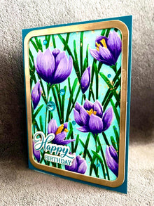 Embossed Purple Crocus Flowers Happy Birthday Card