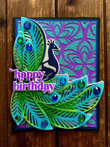 Blue Glitter Peacock with Large Plumed Feathers Happy Birthday Card