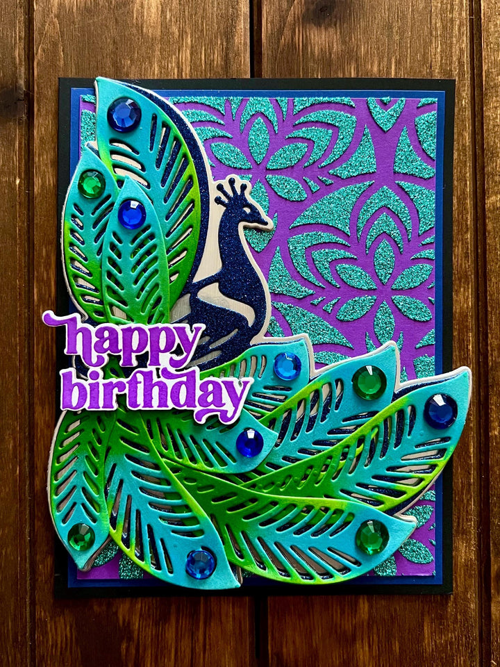 Blue Glitter Peacock with Large Plumed Feathers Happy Birthday Card