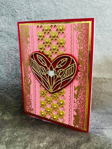 Red Heart with Gold Detailing and Gold Studded Heart Center Panel Blank Love Card