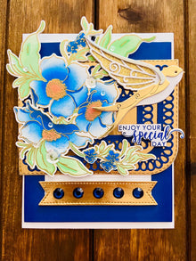 Golden Bird and Blue Florals Interactive Sliding Easel Birthday Card
