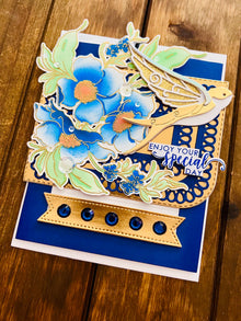 Golden Bird and Blue Florals Interactive Sliding Easel Birthday Card