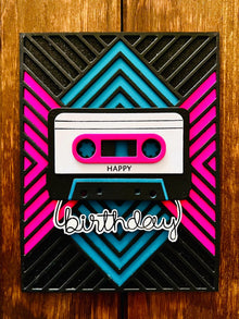 Retro Cassette Tape Pink and Teal Geometric Design Birthday Card