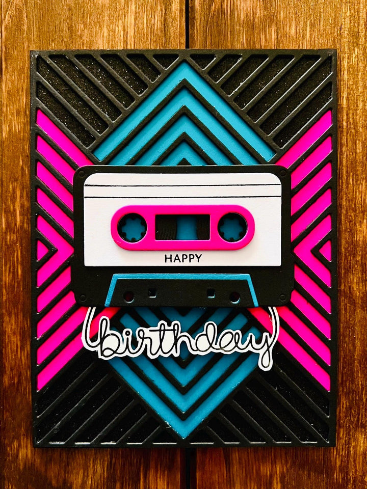 Retro Cassette Tape Pink and Teal Geometric Design Birthday Card