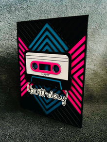 Retro Cassette Tape Pink and Teal Geometric Design Birthday Card