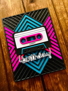 Retro Cassette Tape Pink and Teal Geometric Design Birthday Card
