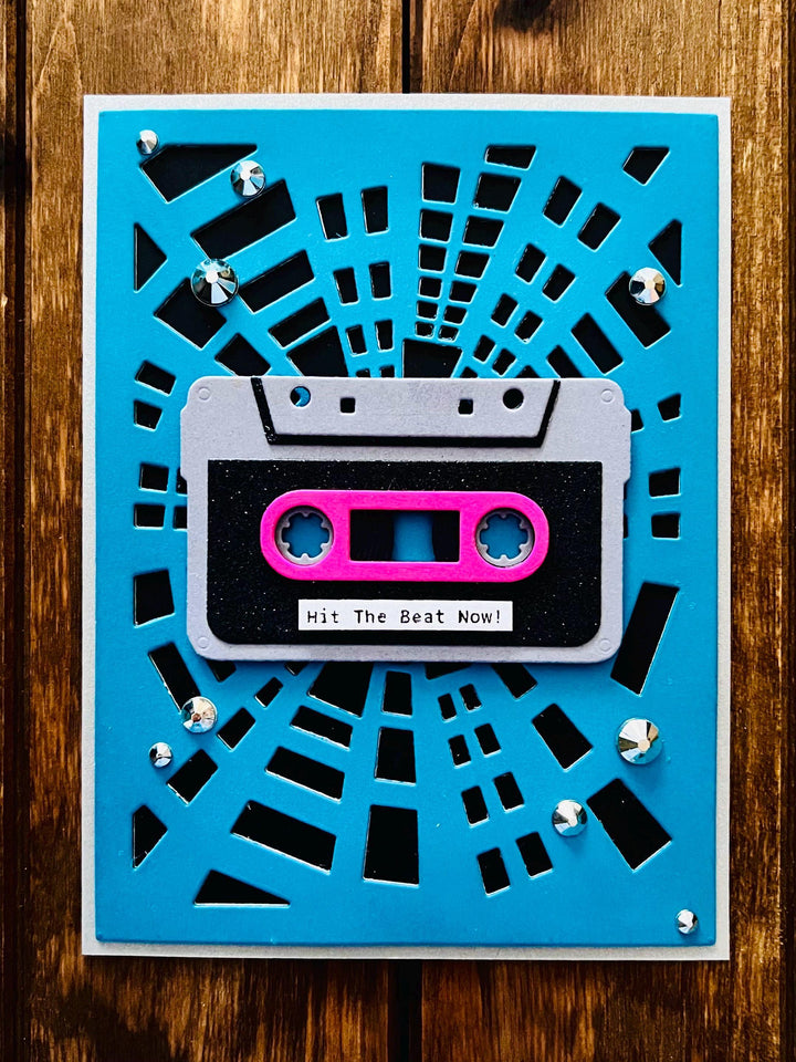 Retro Cassette Tape Teal Radial Geometric Design Hit the Beat Now Blank Card