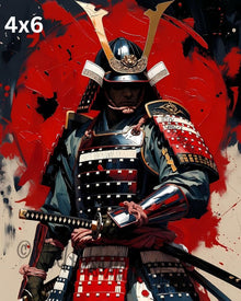 Samurai Warrior Art Print – Golden Crest Armor Portrait, Red Sun Japanese Illustration, High‑Detail Warrior Artwork | 2 Sizes