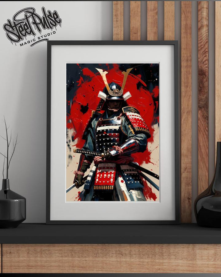 Samurai Warrior Art Print – Golden Crest Armor Portrait, Red Sun Japanese Illustration, High‑Detail Warrior Artwork | 2 Sizes