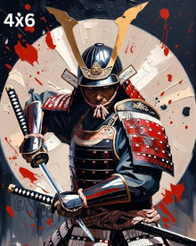Samurai Warrior Art Print – Dual‑Blade Armor Portrait, Red & Gold Japanese Illustration, High‑Detail Warrior Artwork | 2 Sizes