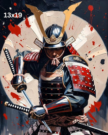 Samurai Warrior Art Print – Dual‑Blade Armor Portrait, Red & Gold Japanese Illustration, High‑Detail Warrior Artwork | 2 Sizes