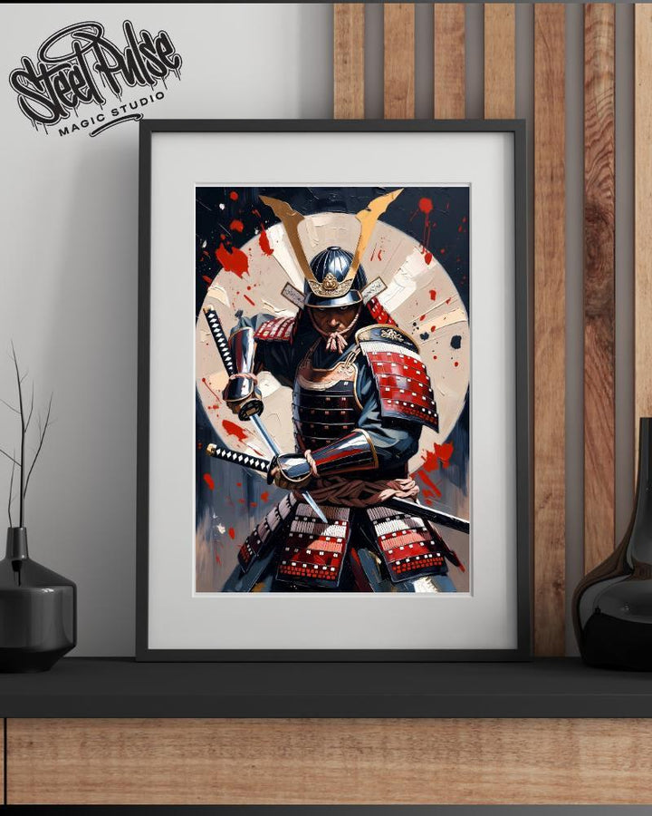 Samurai Warrior Art Print – Dual‑Blade Armor Portrait, Red & Gold Japanese Illustration, High‑Detail Warrior Artwork | 2 Sizes