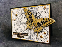Golden Butterfly and Line Art Florals Birthday Card