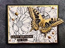 Golden Butterfly and Line Art Florals Birthday Card