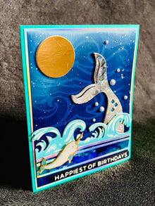 Gold Moon, Mermaid Fishtail and Narwhal Happy Birthday Card