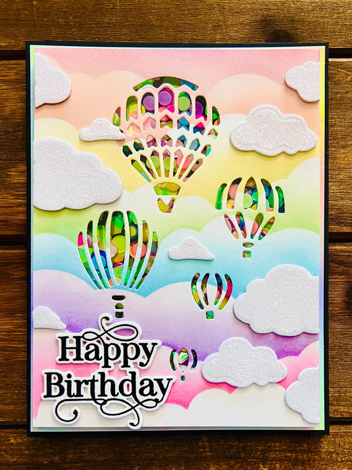 Hot Air Balloon Windows and Glitter Clouds Happy Birthday Shaker Card