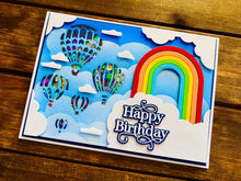 Rainbow and Glitter Clouds Hot Air Balloon Windows Happy Birthday Shaker Card