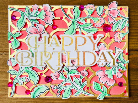 Pink Floral Blooms On Gold Decorative Fence Birthday Card