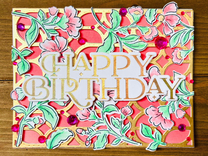 Pink Floral Blooms On Gold Decorative Fence Birthday Card