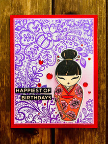 Red Kimono Doll Purple Floral Lace Background Birthday Card