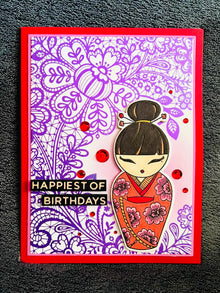 Red Kimono Doll Purple Floral Lace Background Birthday Card
