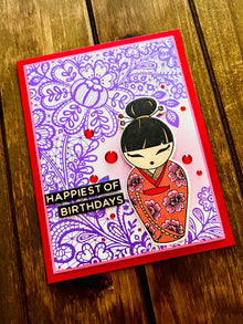 Red Kimono Doll Purple Floral Lace Background Birthday Card