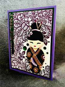 Green Kimono Doll Purple Floral Lace Background Birthday Card
