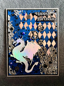 Holographic Silver Dragon Mixed Media Background Happy Birthday Card