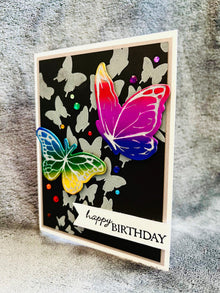 Vibrant Rainbow Foiled Butterflies and Silhouette Cluster Birthday Card – Perfect for Celebrations