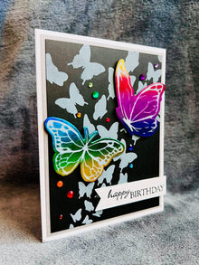 Vibrant Rainbow Foiled Butterflies and Silhouette Cluster Birthday Card – Perfect for Celebrations