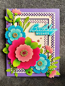 Folky Florals with Stitched Borders Birthday Wishes Card