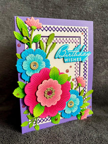 Folky Florals with Stitched Borders Birthday Wishes Card