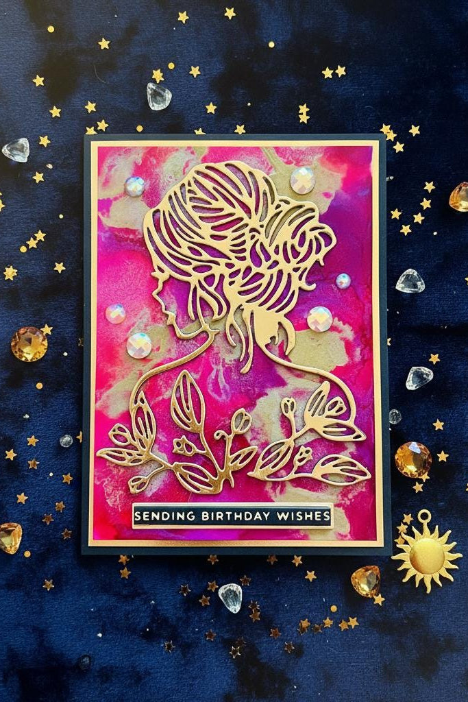 Gold Silhouette Birthday Card: Alcohol Ink, Gem Accents