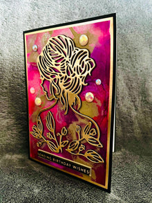 Gold Silhouette Birthday Card: Alcohol Ink, Gem Accents