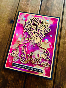 Gold Silhouette Birthday Card: Alcohol Ink, Gem Accents
