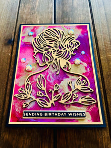 Gold Silhouette Birthday Card: Alcohol Ink, Gem Accents