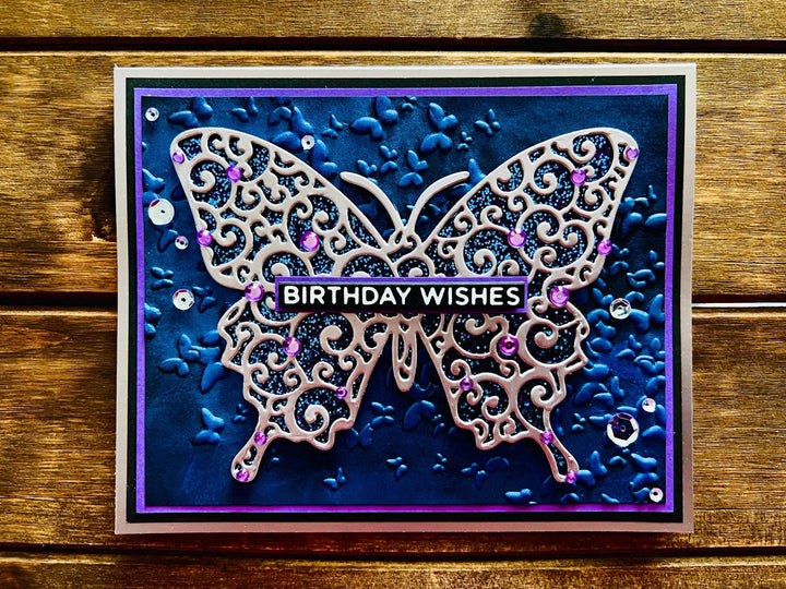 Silver Outlined Midnight Blue Colored Glitter Butterfly Birthday Wishes Card