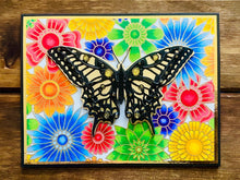 Black and Gold Butterfly with Rainbow Floral Background Blank Card