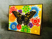 Black and Gold Butterfly with Rainbow Floral Background Blank Card
