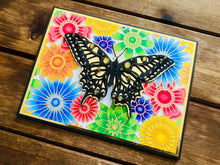 Black and Gold Butterfly with Rainbow Floral Background Blank Card