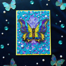 Dimensional Butterfly card flat on dark navy velvet with teal gems and pearl glow