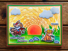 Cowboy Gnome and Cow Green Field with Large Sunset Happy Birthday Buckaroo Card