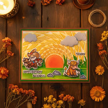 Cowboy Gnome card flat on dark mahogany with golden sunset candlelight