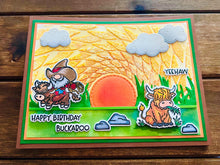 Cowboy Gnome and Cow Green Field with Large Sunset Happy Birthday Buckaroo Card
