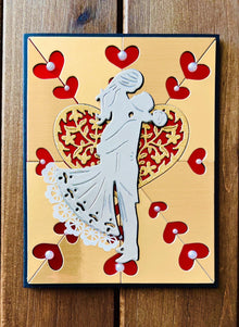 Gold Heart Wedding Card: Silver Bride and Groom Silhouette