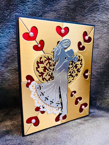 Gold Heart Wedding Card: Silver Bride and Groom Silhouette