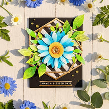 Blue Daisy card flat on white wood outdoors with golden morning sunlight